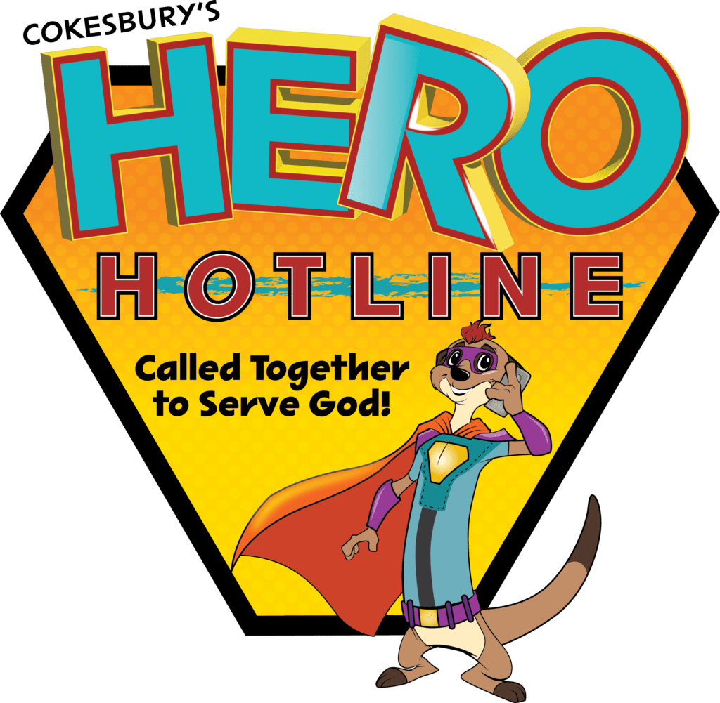 Hero Hotline Logo with a Superhero Meercat in a cape. Motto: Called Together to Serve God!