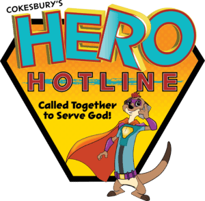 Hero Hotline Logo with a Superhero Meercat in a cape. Motto: Called Together to Serve God!