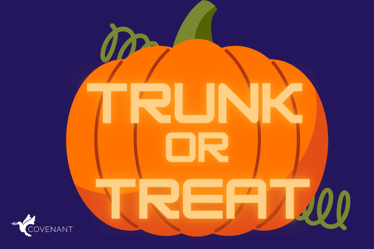 Trunk or Treat printed on orange pumpkin with purple background